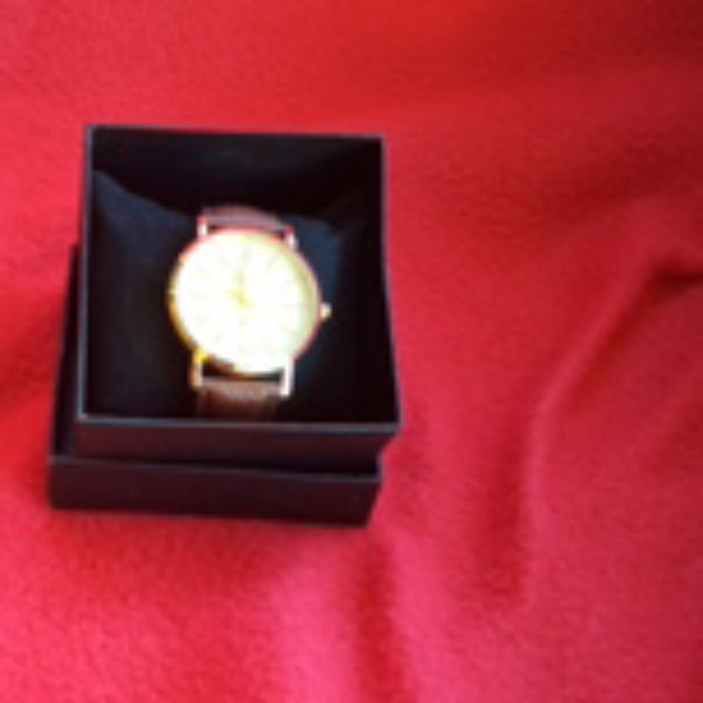 Watch: men's, brown strap, cream round face, gold